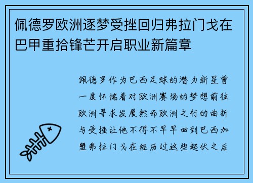 佩德罗欧洲逐梦受挫回归弗拉门戈在巴甲重拾锋芒开启职业新篇章 佩德罗欧洲逐梦受挫回归弗拉门戈在巴甲重拾锋芒开启职业新篇章