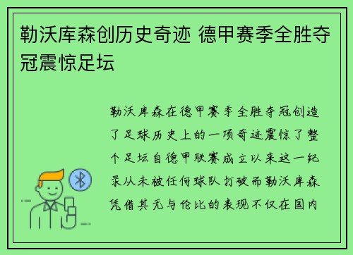 勒沃库森创历史奇迹 德甲赛季全胜夺冠震惊足坛 勒沃库森创历史奇迹 德甲赛季全胜夺冠震惊足坛
